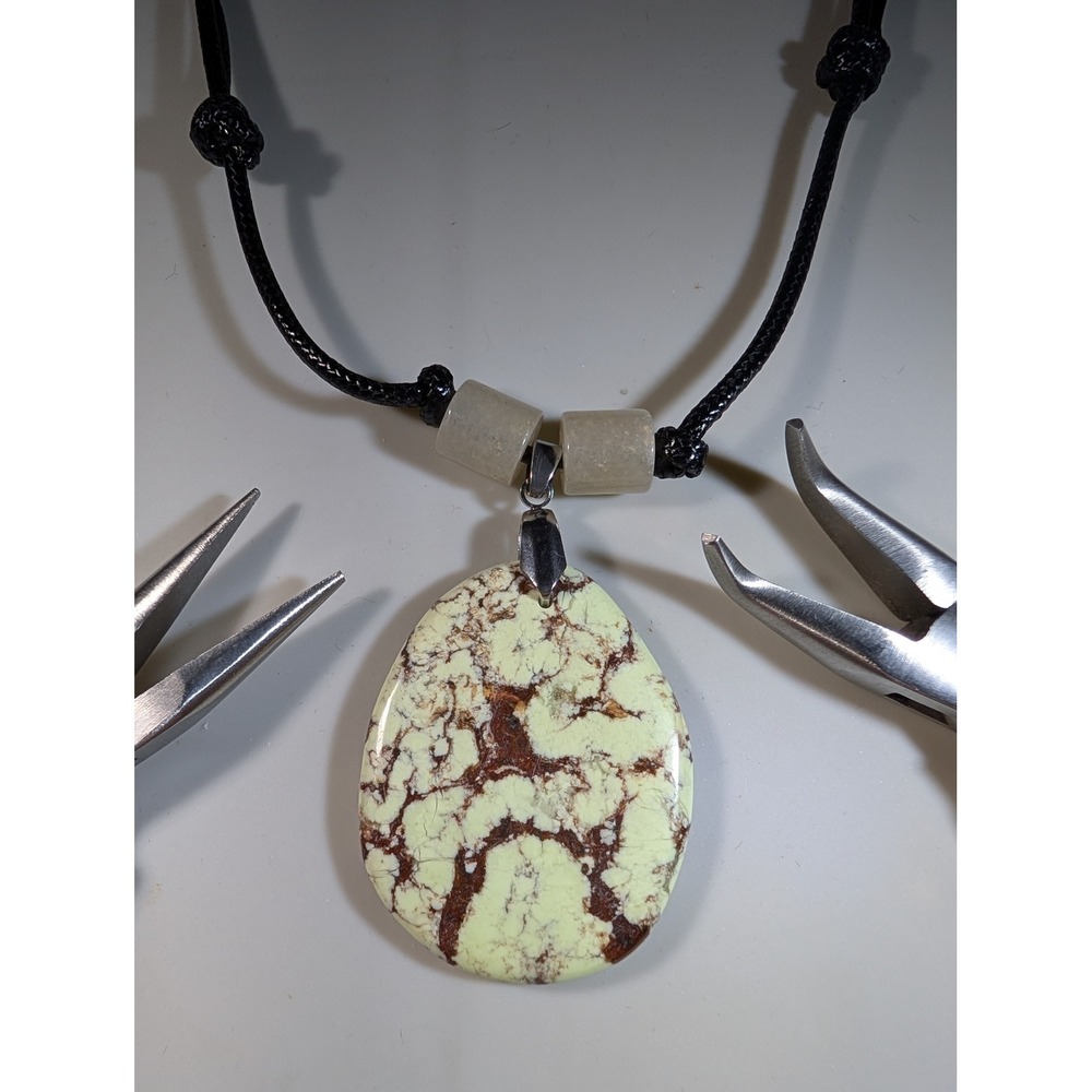 Natural Chrysoprase Teardrop Pendant Adjustable Black Cord Necklace Green Brown